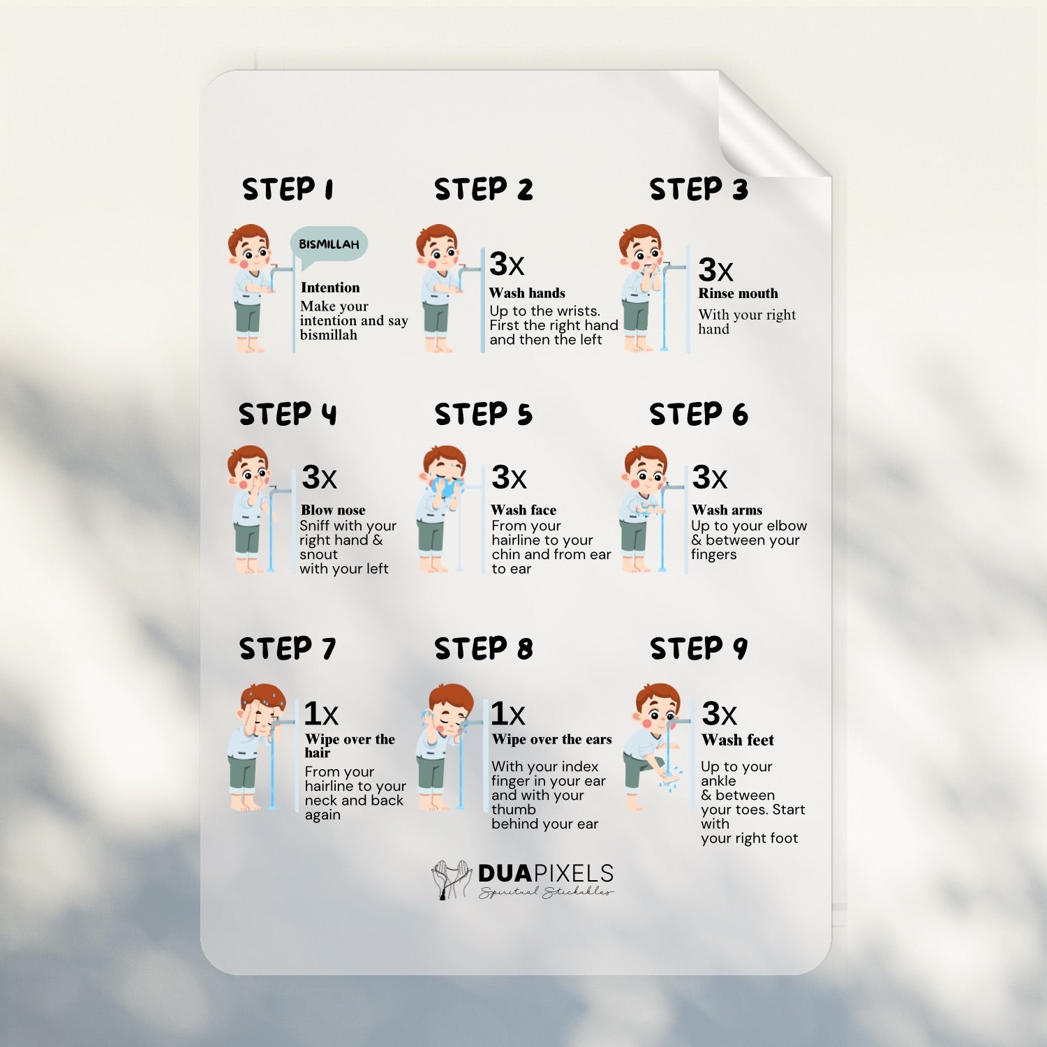 Step by Step Wudu Guide Sticker For Kids | Kids Room Wall Sticker