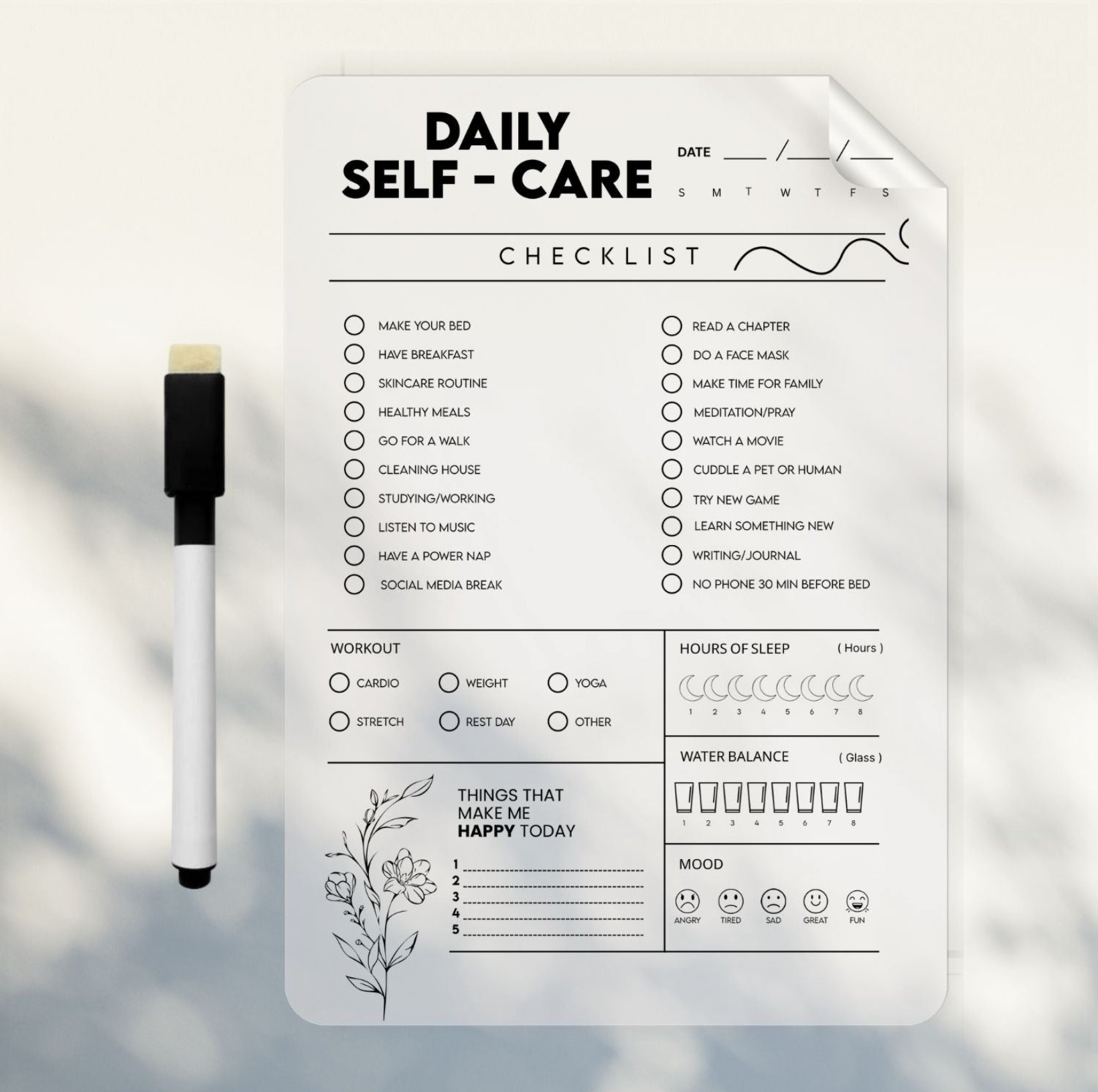 Daily Self Care Wall Planner Sticker | To Do List Planner with Markers
